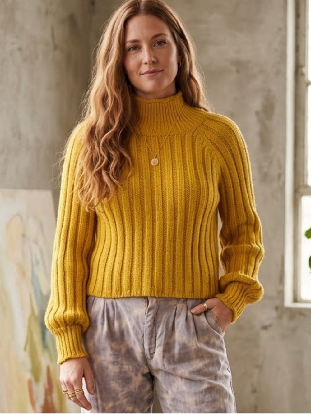BDG Mustard Ribbed Mock-Neck Sweater Sz small